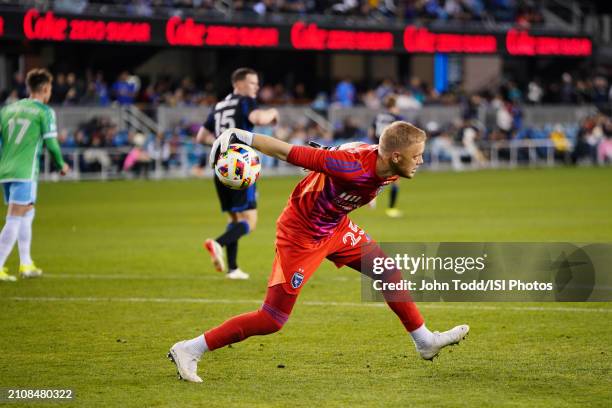 William Yarbrough of the San Jose Earthquakes distributes the goal during a game between Seattle Sounders FC and San Jose Earthquakes at PayPal Park...