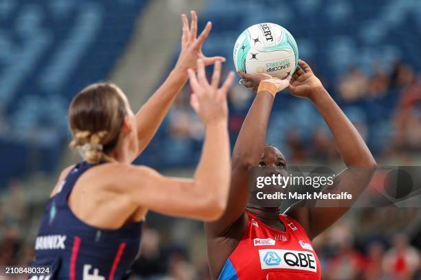 Sam Wallace-Joseph of the Swifts shoots during the 2024 Suncorp Team Girls Cup match between the Vixens and the Swifts at Ken Rosewall Arena on March...