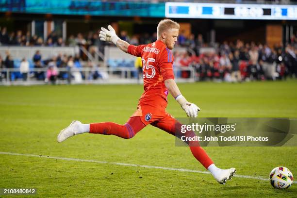 William Yarbrough of the San Jose Earthquakes distributes the goal during a game between Seattle Sounders FC and San Jose Earthquakes at PayPal Park...