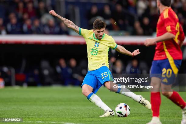 Lucas Beraldo of Brazil seen in action during the international friendly match between Spain and Brazil at Santiago Bernabeu Stadium. Final score:...