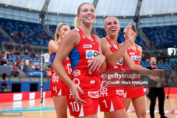 Lili Gorman-Brown of the Swifts and Paige Hadley of the Swifts celebrate after winning the 2024 Suncorp Team Girls Cup match between the Vixens and...