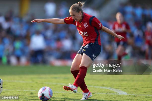 Alana Jancevski of Adelaide United shoots during the A-League Women round 21 match between Sydney FC and Adelaide United at Leichhardt Oval, on March...