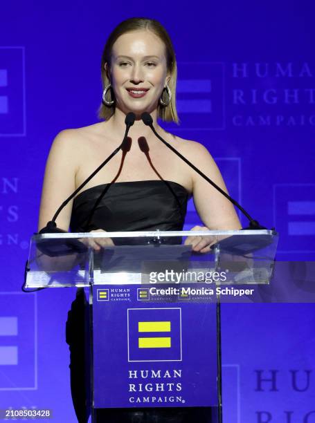 Hannah Einbinder speaks onstage during the Human Rights Campaign's 2024 Los Angeles Dinner at Fairmont Century Plaza on March 23, 2024 in Los...