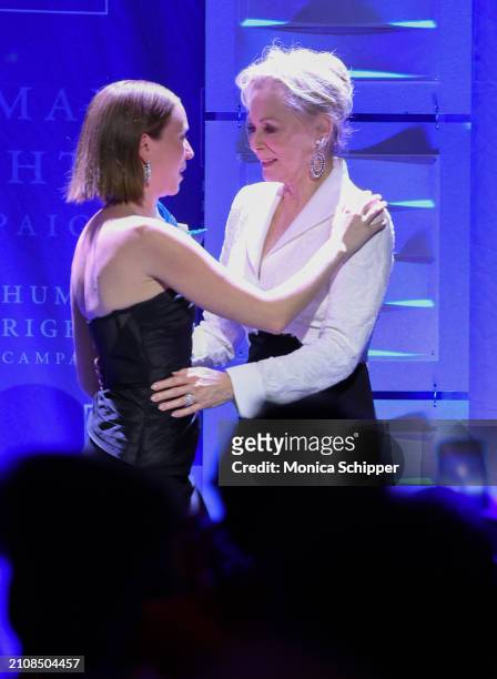 Hannah Einbinder and Jean Smart speak onstage during the Human Rights Campaign's 2024 Los Angeles Dinner at Fairmont Century Plaza on March 23, 2024...