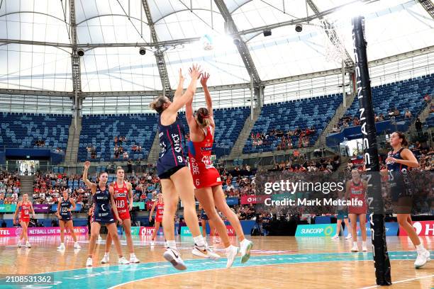 Sophie Garbin of the Vixens comeptes with Sarah Klau of the Swifts during the 2024 Suncorp Team Girls Cup match between the Vixens and the Swifts at...