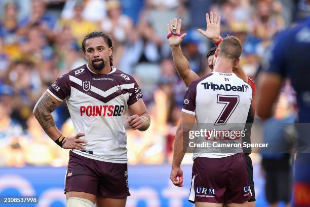 Josh Aloiai of the Sea Eagles is sent off during the round three NRL match between Parramatta Eels and Manly Sea Eagles at CommBank Stadium, on March...