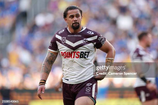 Josh Aloiai of the Sea Eagles is sent off during the round three NRL match between Parramatta Eels and Manly Sea Eagles at CommBank Stadium, on March...