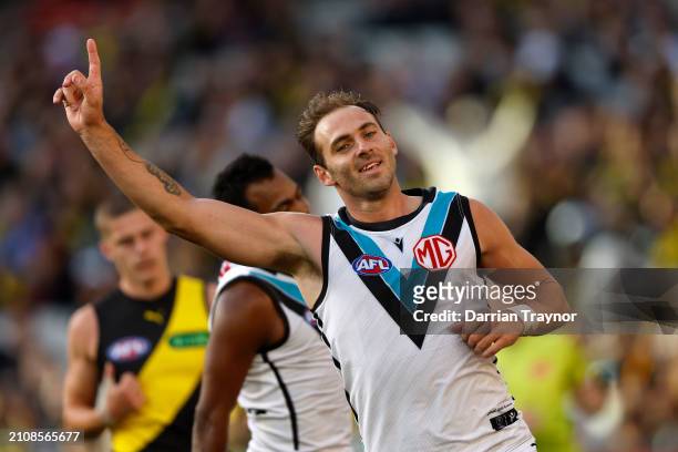 Jeremy Finlayson of the Power celebrates a goal during the round two AFL match between Richmond Tigers and Port Adelaide Power at Melbourne Cricket...
