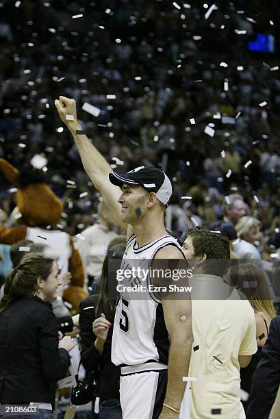 Danny Ferry of the San Antonio Spurs celebrates defeating the New Jersey Nets in game six of the 2003 NBA Finals on June 15, 2003 at the SBC Center...