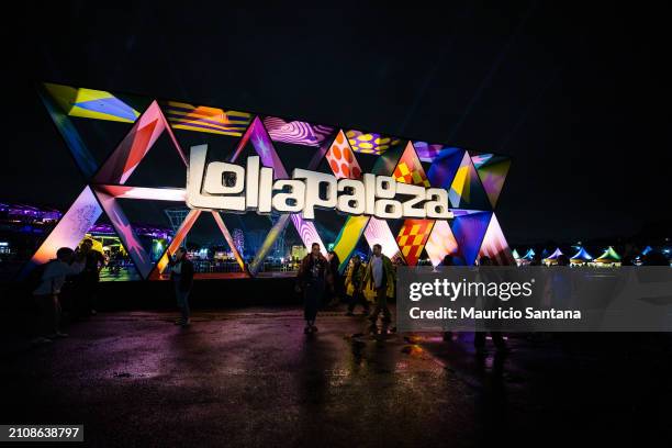 The Lollapalooza entrance sign at night during day two of Lollapalooza Brazil at Autodromo de Interlagos on March 23, 2024 in Sao Paulo, Brazil.