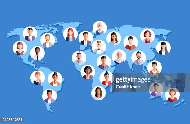 diverse people on world map - global community stock illustrations