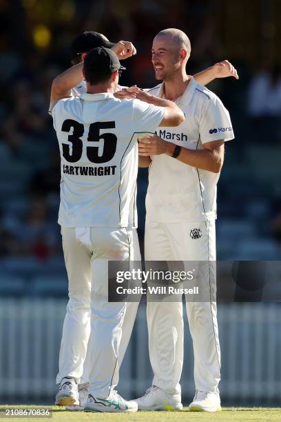 Charlie Stobo of Western Australia celebrates the wicket of Jordan Silk of Tasmania during day four of the Sheffield Shield Final match between...