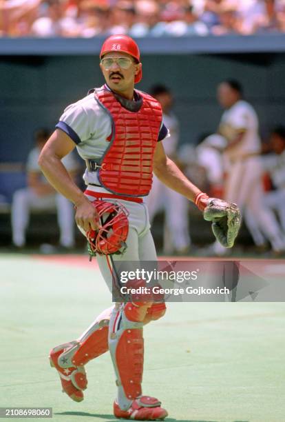 Catcher Tony Pena of the St. Louis Cardinals looks on from the field during a Major League Baseball game against the Pittsburgh Pirates at Three...