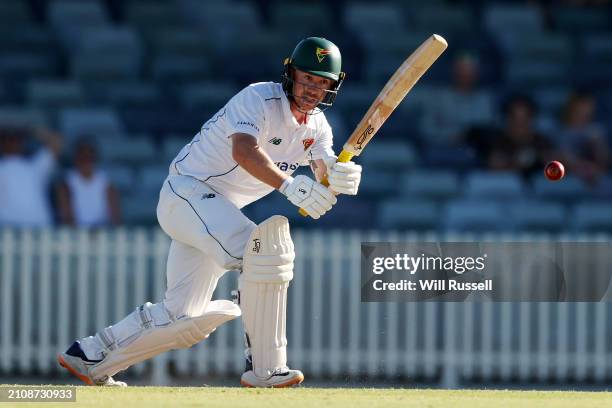 Jake Doran of Tasmania bats during day four of the Sheffield Shield Final match between Western Australia and Tasmania at WACA, on March 24 in Perth,...