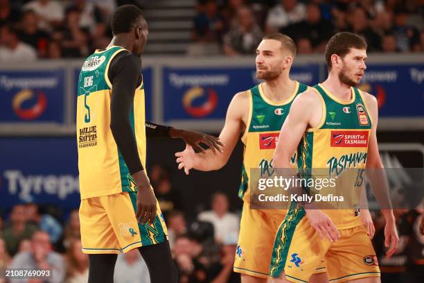 Jack Mcveigh of the JackJumpers, Majok Deng of the JackJumpers and Clint Steindl of the JackJumpers react during game three of the NBL Championship...