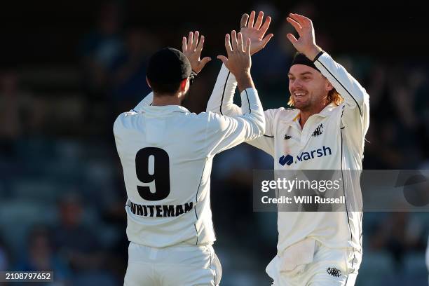 Corey Rocchiccioli of Western Australia celebrates the wicket of Gabe Bell of Tasmania during day four of the Sheffield Shield Final match between...