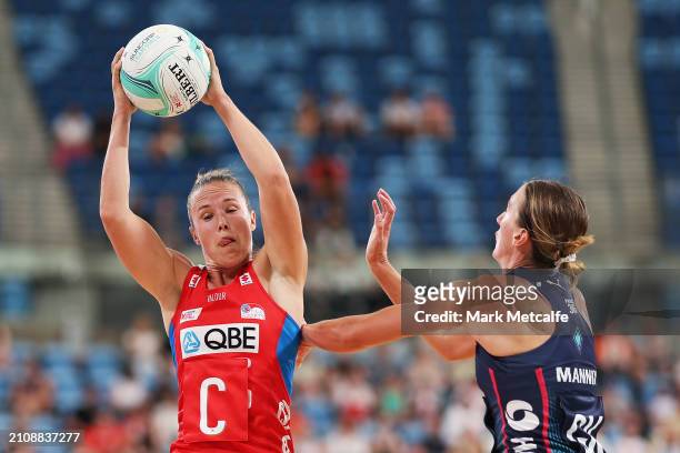 Paige Hadley of the Swifts catches the ball during the 2024 Suncorp Team Girls Cup match between the Vixens and the Swifts at Ken Rosewall Arena on...