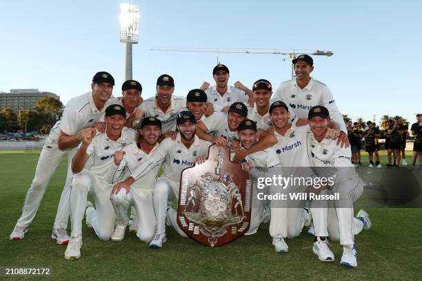 Western Australia pose after winning the Sheffield Shield Final match between Western Australia and Tasmania at WACA, on March 24 in Perth, Australia.