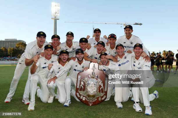 Western Australia pose after winning the Sheffield Shield Final match between Western Australia and Tasmania at WACA, on March 24 in Perth, Australia.