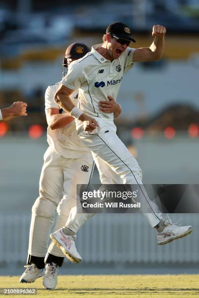 Joel Paris of Western Australia celebrates after winning the Sheffield Shield Final match between Western Australia and Tasmania at WACA, on March 24...