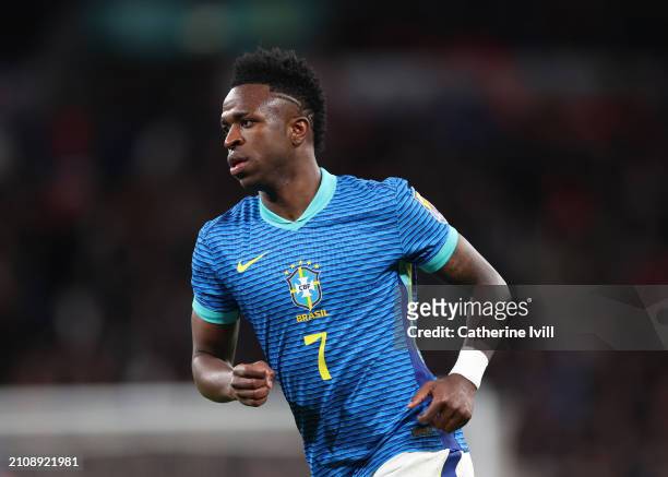 Vinicius Junior of Brazil during the international friendly match between England and Brazil at Wembley Stadium on March 23, 2024 in London, England.