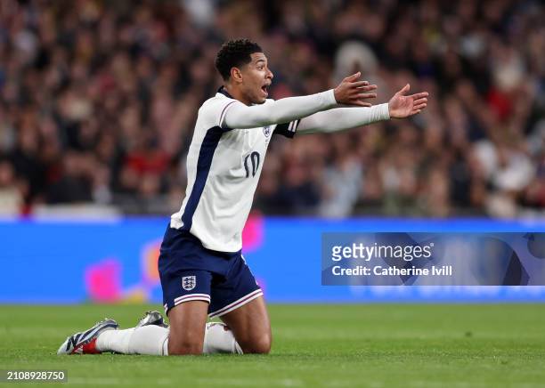 Jude Bellingham of England reacts during the international friendly match between England and Brazil at Wembley Stadium on March 23, 2024 in London,...