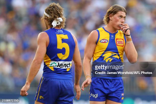 Harley Reid of the Eagles reacts after the game during the round two AFL match between West Coast Eagles and Greater Western Sydney Giants at Optus...