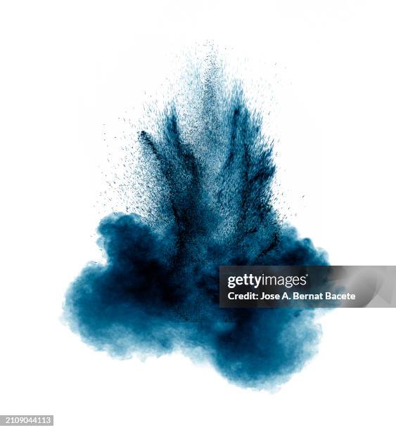 multiple explosions of blue smoke and dust in expansive motion on a white background. - detonator stock pictures, royalty-free photos & images