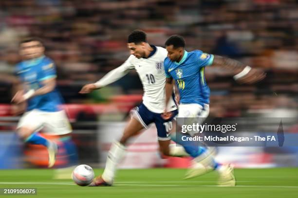 Jude Bellingham of England challenges Rodrygo of Brazil during the international friendly match between England and Brazil at Wembley Stadium on...