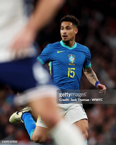 Joao Gomes of Brazil during the international friendly match between England and Brazil at Wembley Stadium on March 23, 2024 in London, England.