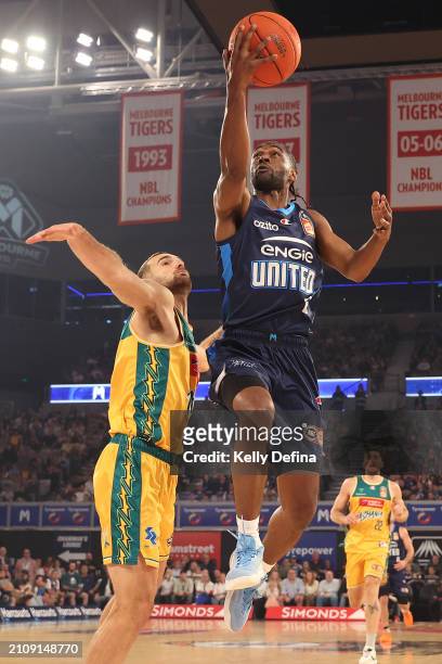 Ian Clark of United drives to the basket during game three of the NBL Championship Grand Final Series between Melbourne United and Tasmania...