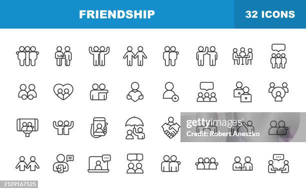 friendship line icons. editable stroke. contains such icons as friend, party, handshake, invitation, greeting card, bonding, mental health, high five, video call, pet, couple, relationship, selfie, love, fist bump. - anti bullying stock illustrations