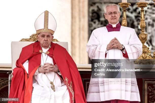 Pope Francis leads the Palm Sunday Mass in St. Peter's Square, on March 24, 2024 in Vatican City, Vatican. During the Angelus prayer, Pope Francis...