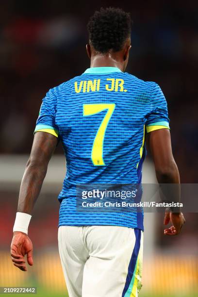 Vinicius Junior of Brazil in action during the international friendly match between England and Brazil at Wembley Stadium on March 23, 2024 in...