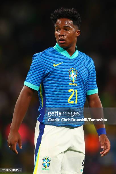 Endrick of Brazil in action during the international friendly match between England and Brazil at Wembley Stadium on March 23, 2024 in London,...