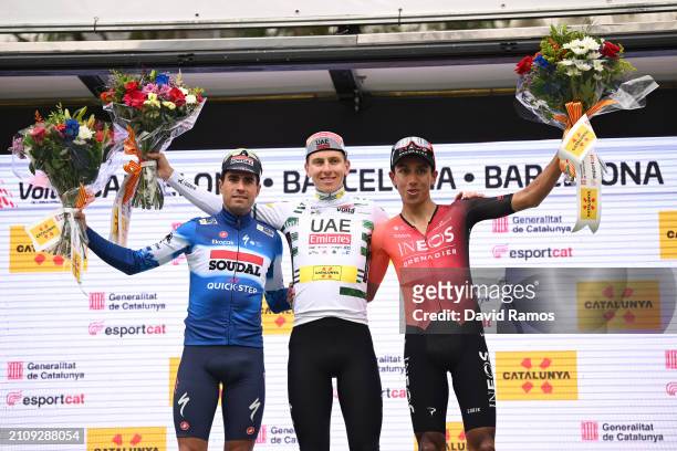 Mikel Landa of Spain and Team Soudal - Quick Step on second place, race winner Tadej Pogacar of Slovenia and UAE Emirates Team - Green Leader Jersey...