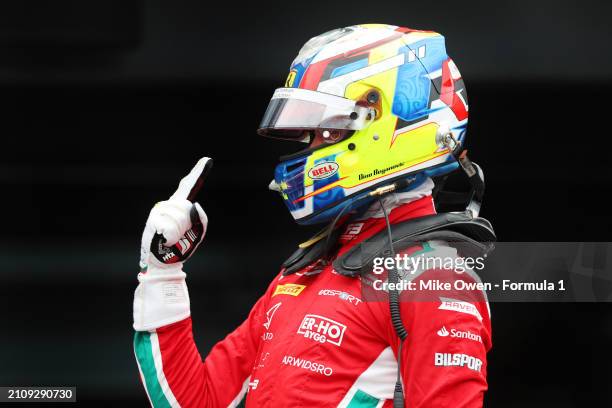 Race winner Dino Beganovic of Sweden and PREMA Racing celebrates in parc ferme during the Round 2 Melbourne Feature race of the Formula 3...