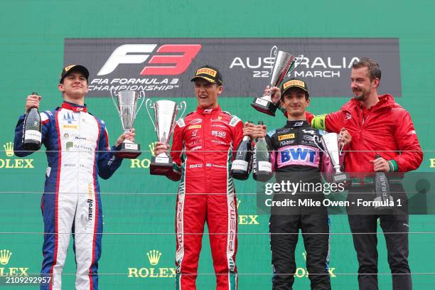 Race winner Dino Beganovic of Sweden and PREMA Racing , Second placed Leonardo Fornaroli of Italy and Trident , Third placed Gabriele Mini of Italy...