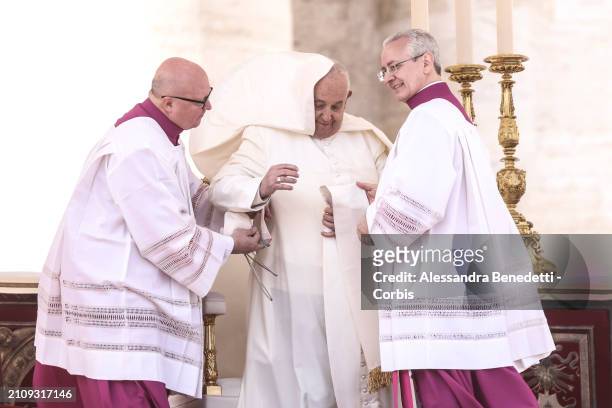 Pope Francis leads the Palm Sunday Mass in St. Peter's Square, on March 24, 2024 in Vatican City, Vatican. During the Angelus prayer, Pope Francis...