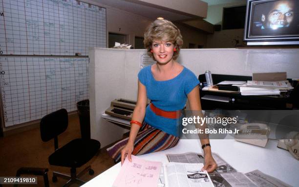 Talk Show Host Mary Hart inside Newsroom of new entertainment show called Entertainment Tonight, July 7, 1983 in Los Angeles, California.