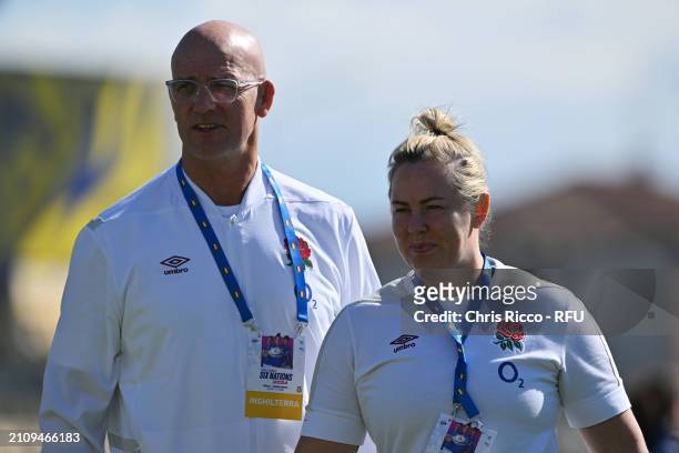 John Mitchell, Head Coach of England, and Marlie Packer of England, look on prior to the Guinness Women's Six Nations 2024 match between Italy and...