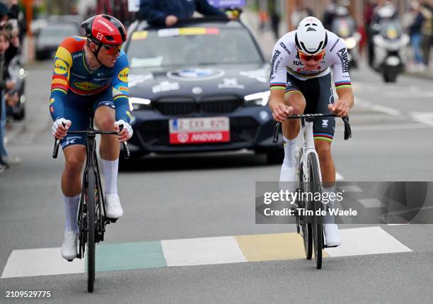 Mads Pedersen of Denmark and Team Lidl - Trek and Mathieu van der Poel of The Netherlands and Team Alpecin - Deceuninck compete in the breakaway...