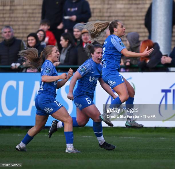 Beth Hepple of Durham celebrates scoring her team's third goal with teammates Sarah Wilson and Lily Crosthwaite during the Barclays Women's...