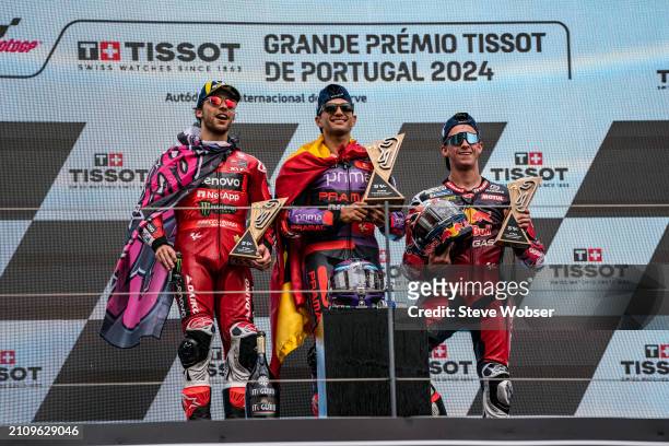 MotoGP Top-3 riders on the podium with Enea Bastianini of Italy and Ducati Lenovo Team , Jorge Martin of Spain and Prima Pramac Racing and Pedro...
