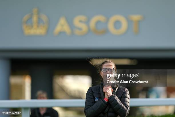 Groom shows emotions as the race nears its end at Ascot Racecourse on March 24, 2024 in Ascot, England.