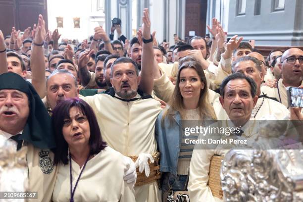 Antonio Banderas and Nicole Kimpel attend the Maria Santisima de Lagrimas y Favores procession at San Juan Bautista church during Holy Week...