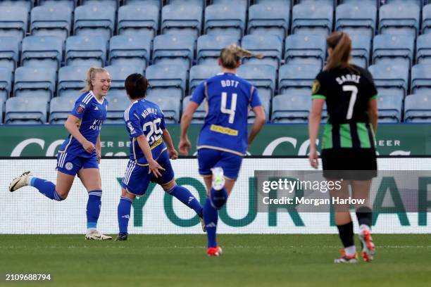 Jutta Rantala of Leicester City celebrates scoring her team's first goal with teammate Yuka Momiki during the Barclays Women's Super League match...