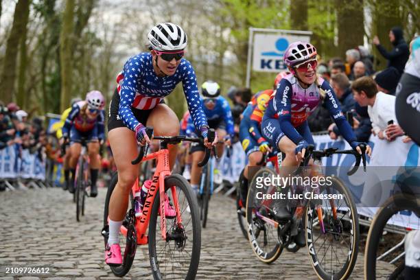 Chloe Dygert of The United States and Canyon//SRAM Racing Team and Letizia Paternoster of Italy and Team Liv AlUla Jayco compete during the 13rd...