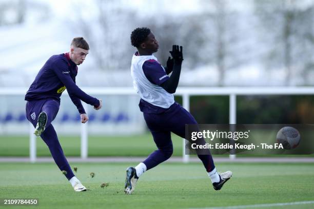 Cole Palmer of England shoots during a training session at Tottenham Hotspur Training Centre on March 24, 2024 in Enfield, England.