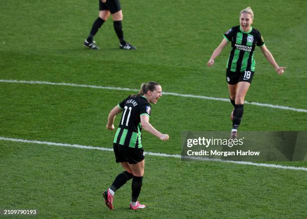 Elisabeth Terland of Brighton & Hove Albion celebrates scoring her team's third goal during the Barclays Women's Super League match between Leicester...